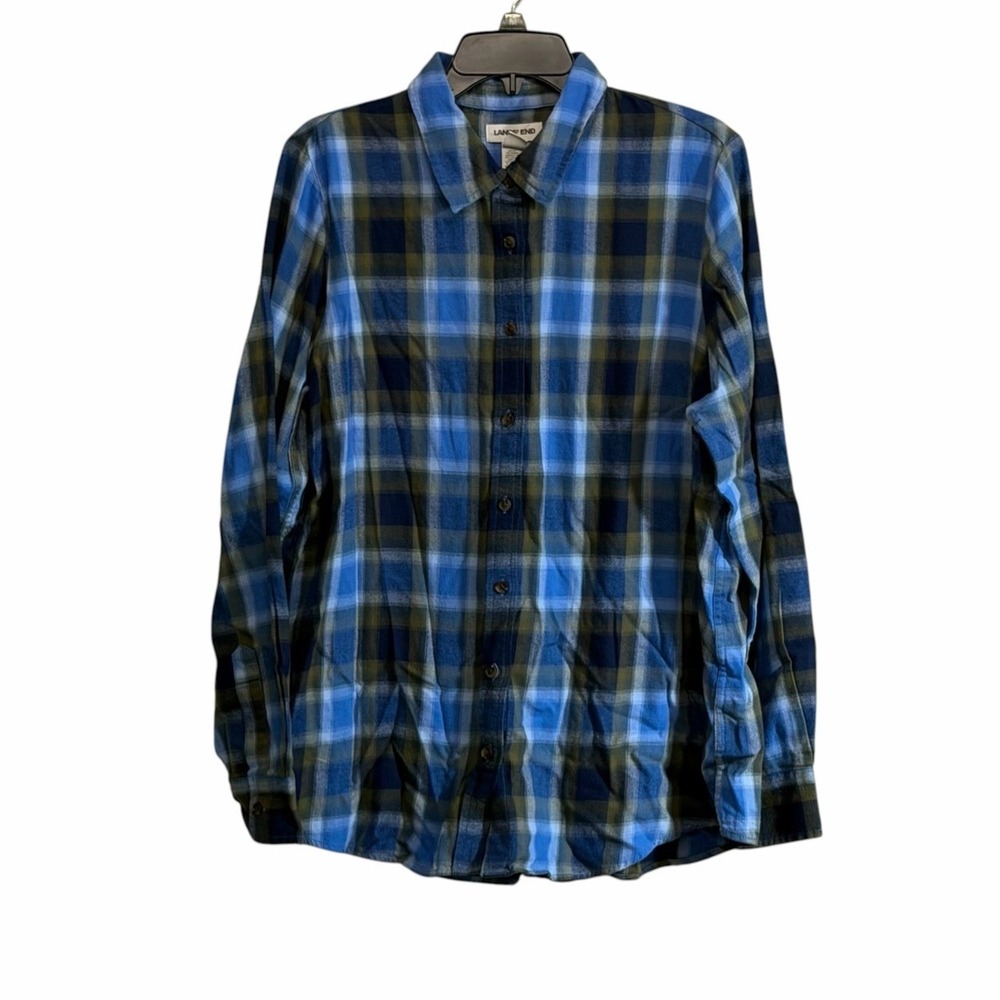 Lands End Women Large Plaid Flannel Button Down Shirt Blue Green Navy